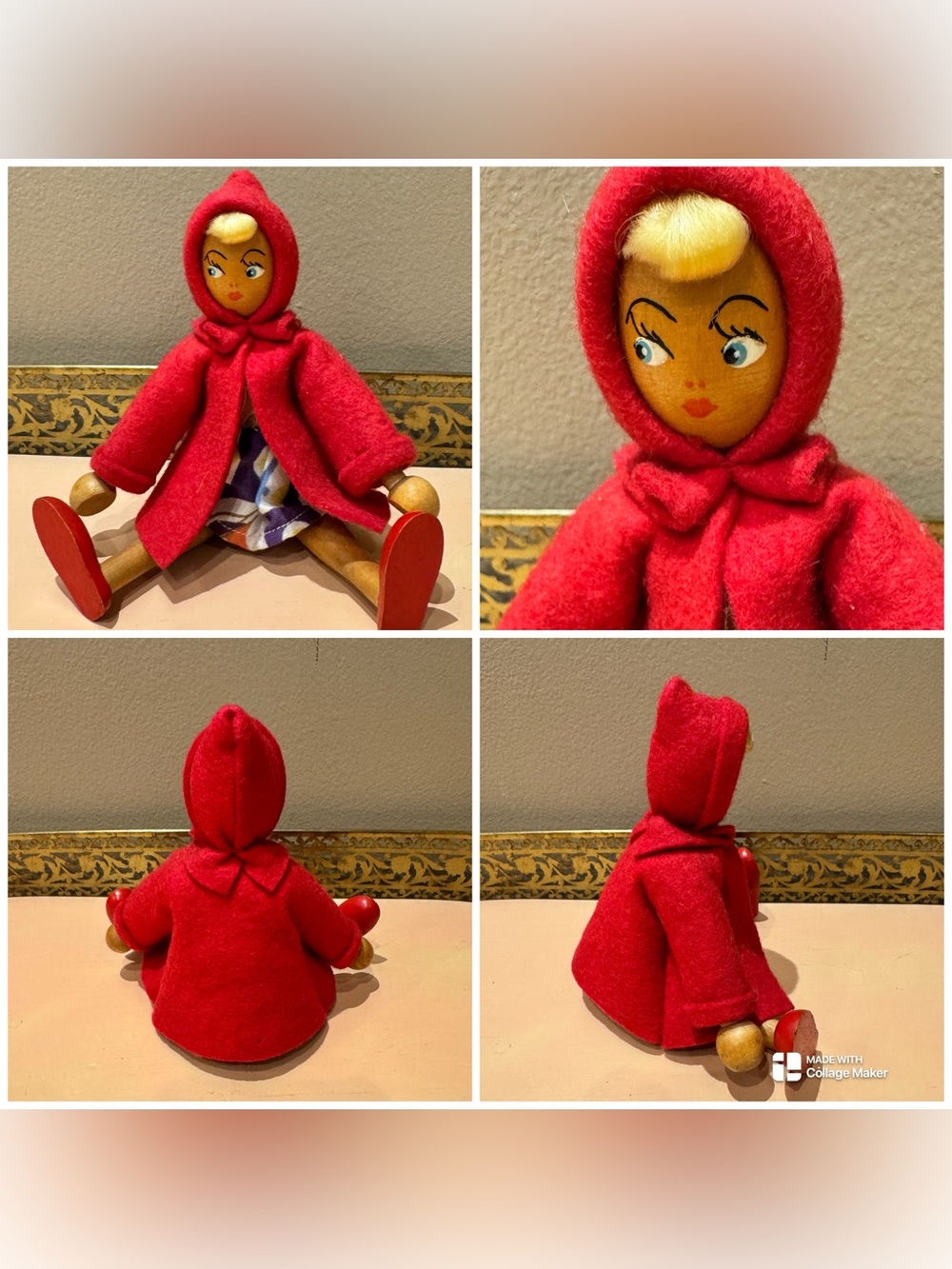 1950’s Vintage Little Red Riding Hood Polish Wooden Peg Doll